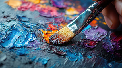 Fototapeta premium close-up of a hand painting with a brush on canvas 