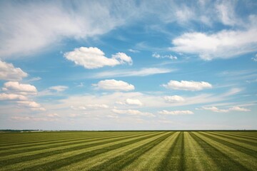 A vast open field with neatly mowed grass stripes