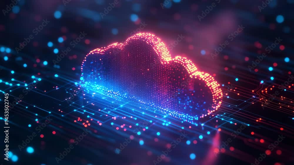 Poster neon cloud computing: digital data flow in cyberpunk style