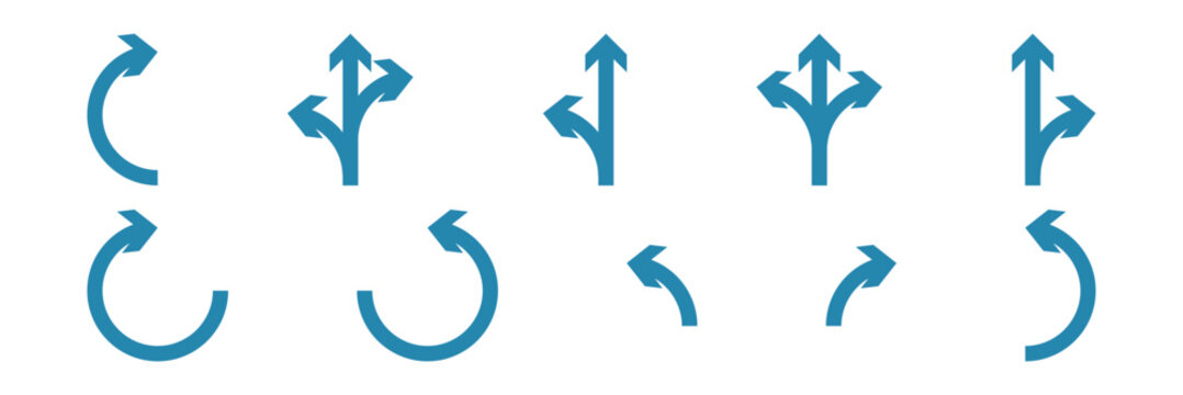 Road traffic direction arrows flat set. You-turn, left, right, two way, three way transportation direction arrow symbol.