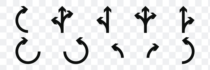 Road traffic direction arrows flat set. You-turn, left, right, two way, three way transportation direction arrow symbol. decision icon vector Traffic way icon isolated Road arrow Sketch. Eps 10.