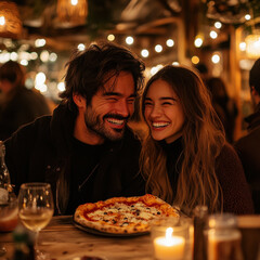 Man and woman sharing pizza at table.