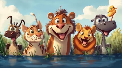 Smiling jungle animals in a pond