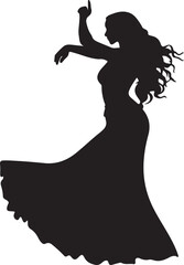 Silhouette of a Belly Dancer in Elegant Pose: Vector Illustration of Middle Eastern Dance, Woman in Flowing Dress with Raised Arm