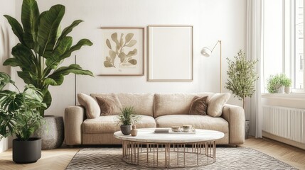 Fototapeta premium Cozy minimalist living room with beige sofa, indoor plants, modern decor, and soft neutral tones—serene atmosphere, elegant styling, and home inspiration.
