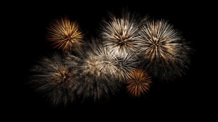 Fototapeta premium Gold and silver fireworks in night sky, bokeh effect, abstract holiday background, f/2.0, gradient lighting . The focus is sharp, and the high-resolution detail gives the image a stock photo-style app