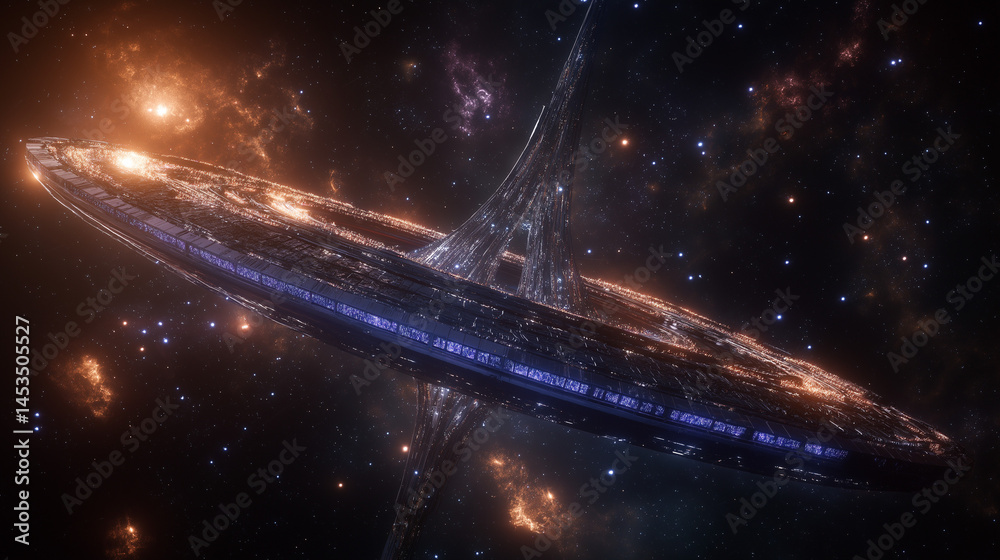 Sticker celestial encounter: a mesmerizing digital art piece showcasing a futuristic spacecraft traversing t