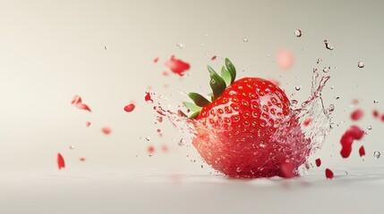 Fresh Strawberry levitating with dynamic water splashes surrounding them, set against a light grey background, isolated with copy space.