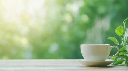 A Moment of Serenity: A single, steaming white cup of coffee, nestled on a saucer, rests serenely on a wooden table, with the verdant.