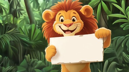 Smiling lion holding blank sign in jungle