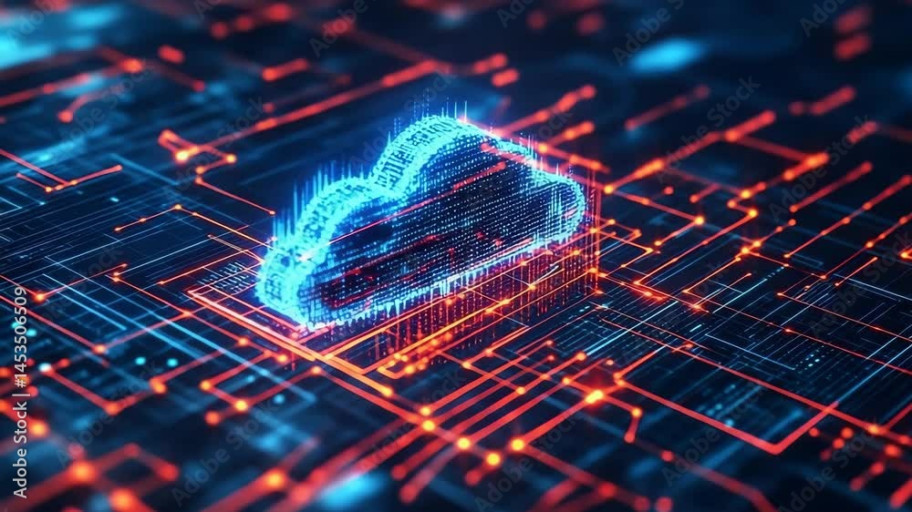 Poster digital cloud network: futuristic data flow visualization