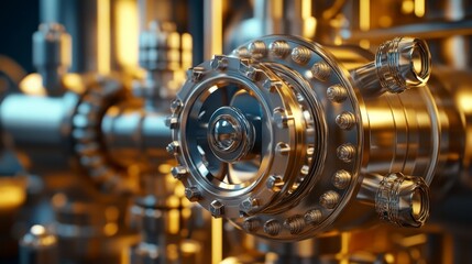 Obraz premium Closeup view of a shiny metallic refinery valve under bright industrial lighting with pressurized fuel flowing through the surrounding pipes and machinery