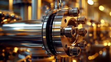 Obraz premium Closeup view of a shiny metallic refinery valve under bright industrial lighting with pressurized fuel flowing through the surrounding pipes and machinery