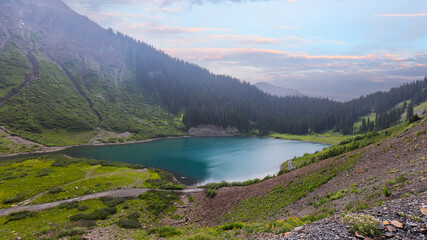 Emerald lake landscape in scenic Colorado rocky mountains during summer time