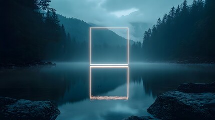 A neon square geometric shape over sea