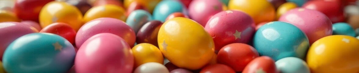 Plastic Easter eggs filled with jelly beans and chocolate candies Close-up view , background, spring