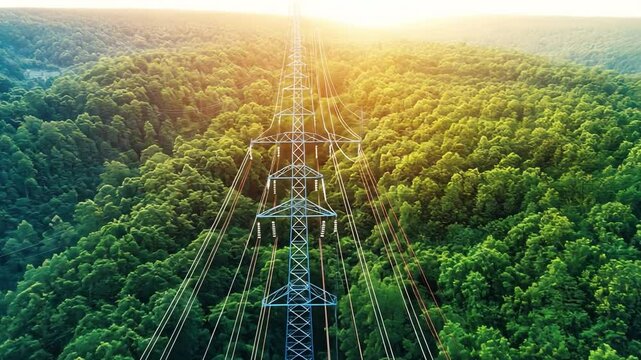 Electric Grid Spanning Forest: An aerial view captures an expansive electric grid, a towering testament to technology, traversing a vast, lush forest, bathed in golden sunlight.