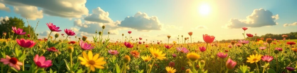 Obraz premium Sun-drenched field of wildflowers, diverse blooms , beautiful, art, blooms