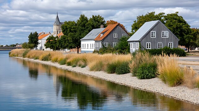 Picturesque Canal side Houses Grassy Bank Church Spire Scenic European Town