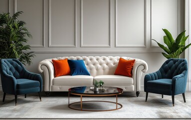 Fototapeta premium Elegant, classic living room interior design with tufted furniture.