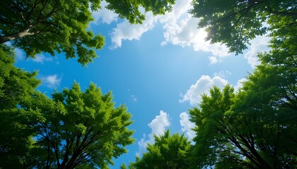 Obraz premium Breathtaking View of Lush Green Tree Canopies Against a Bright Blue Sky with White Clouds for Nature and Outdoor Design Themes