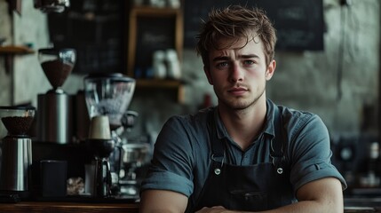 confident male barista in a coffee shop, studio portrait with an industrial background