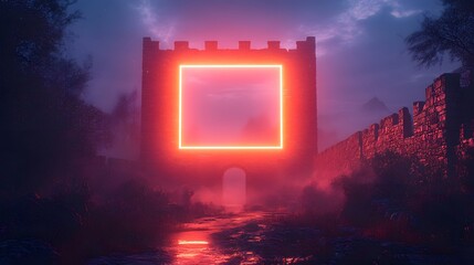 A glowing neon square floating above an ancient