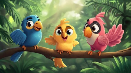 Three cheerful birds in a jungle setting