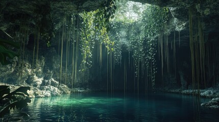 Fototapeta premium Serene Cenote: A Tranquil Pool of Water in a Lush Cave