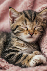 Image is a close-up photograph of a sleeping kitten lying on its back.