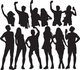 Silhouette Crowd Taking Selfies with Smartphones: Black and White Vector Illustration of People Posing for Photos, Social Media Concept