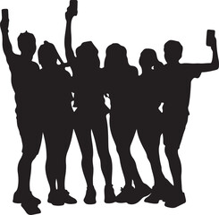 Silhouette of Group of Friends Taking Selfie with Smartphones, Black and White Vector Illustration for Social Media and Friendship Concepts