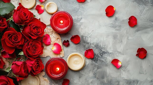 Romantic Arrangement of Red Roses, Petals, and Candles for Relaxation, with Wax Seal Background