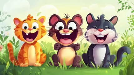 Fototapeta premium Three happy cartoon cats in a grassy field
