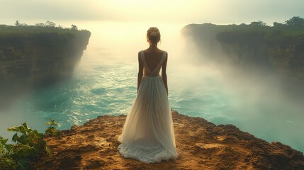 Woman in white dress with ocean cliff.
