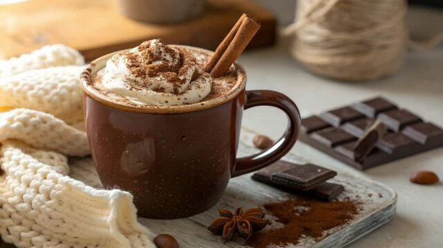 Cozy hot chocolate with whipped cream and cinnamon stick  
