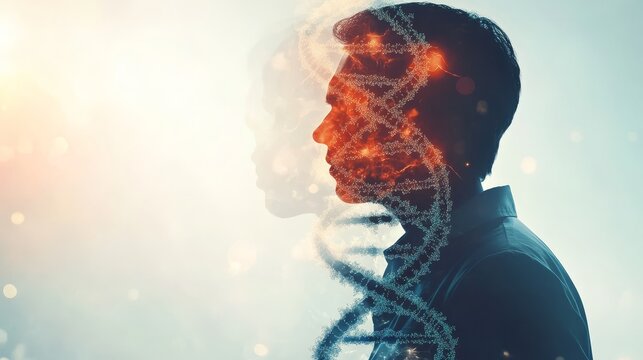 double exposure image featuring the silhouette of a doctor in a lab coat overlaid with a detailed DNA helix structure, blending the human element with genetic science
