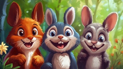 Fototapeta premium Three happy cartoon rabbits in a forest (1)