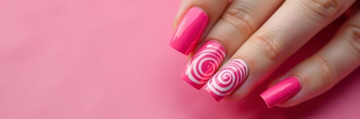 Intricate pink swirls nail art, casual hand pose, pretty, beauty