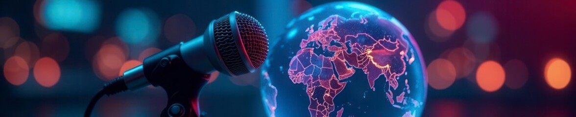 Modern mic, translucent globe graphic; worldwide broadcast , worldwide, transmission, international