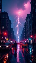 Fototapeta premium Single lightning strike over rain-soaked city streets, light, weather, dark