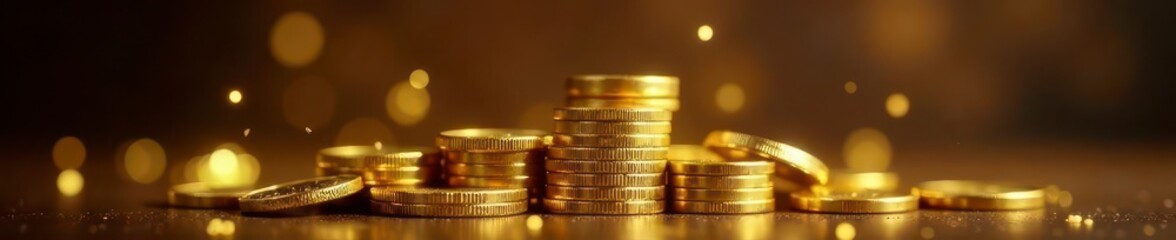 Tower of polished gold coins, dramatic lighting, valuable, shadow, lighting