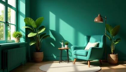 Teal room, cozy armchair, side table, lush plants, reading nook, foliage, minimalist