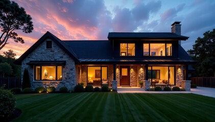 Twilight illuminates sleek modern farmhouse; expansive windows, stone accents , suburban, residential