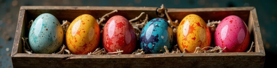 Vibrant dyed eggs nestled in a rustic wooden box, Easter, springtime