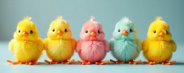 Naklejka premium Several artificial easter chicks arranged in a neat row, close up, faux chicks, row, close up
