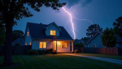 Suburban home, lightning strike, stormy night, lightning, energy, home