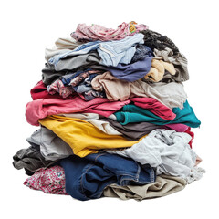 Piles of dirty clothes stacked together on a Transparent background representing laundry day mess, Pile of dirty clothes isolated on PNG background