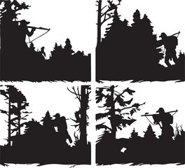 Obraz premium Silhouette Hunting Scene Vector: Hunter Aiming Crossbow in Forest, Wildlife Pursuit Graphic, Outdoor Adventure Illustration, Black and White Design