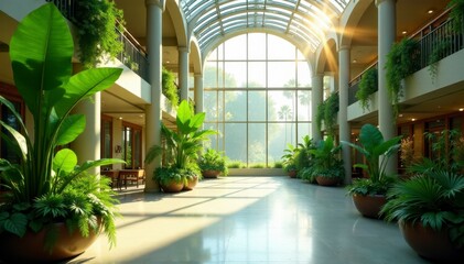 Naklejka premium Sunlit atrium, abundant greenery, expansive windows, panoramic, minimalist, vertical garden